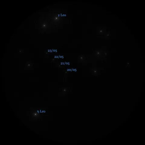 Infografía del seguimiento del asteroide Vesta en mayo de 2010. La observación se realizó con binoculares de 7x50 (campo 6º30') — Javier Salido