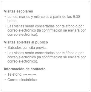 
Visitas escolaresLunes, martes y miércoles a partir de las 9.30 horas.Las visitas serán concertadas por teléfono o por correo electrónico (la confirmación se enviará por correo electrónico).
Visitas abiertas al públicoSábados con cita previa.Las visitas serán concertadas por teléfono o por correo electrónico (la confirmación se enviará por correo electrónico).
Información de contacto
Teléfono: --- --- ---
Correo electrónico: planetariodeubeda@aaquarks.com